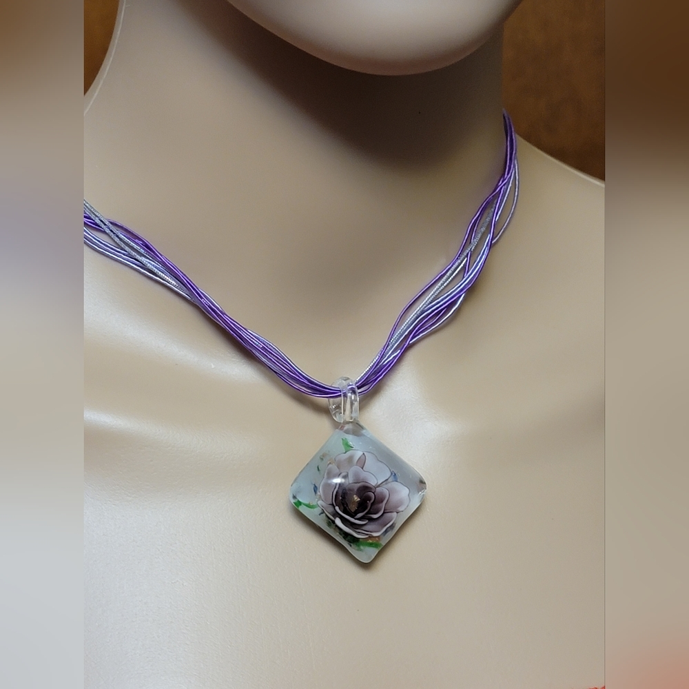 Blown Art Glass Floral Pendant On Purple Ribbon Flower Necklace